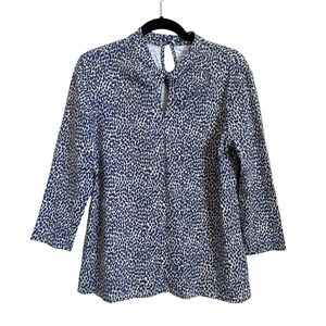 J McLaughlin Women's XL Blue Leopard Print Mock Neck‎ Keyhole 3/4 Sleeve Top